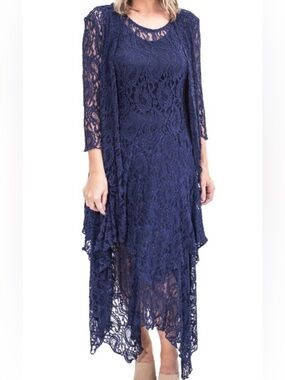 3 PIECE ELEANOR ABIGAIL LAYERED ALL LACE DRESS WITH SLIP AND JACKET. SIZE LARGE
